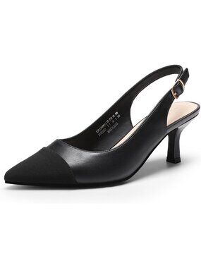 Womens All Black Kitten Heel Slingback Closed Pointed Toe Low Casual Pumps Shoes